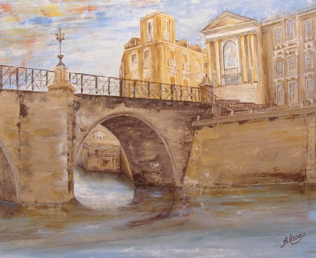 El puente de piedra abraza el río quieto con su arco; arriba, la barandilla de hierro, y detrás, edificios que el sol tiñe de oro.