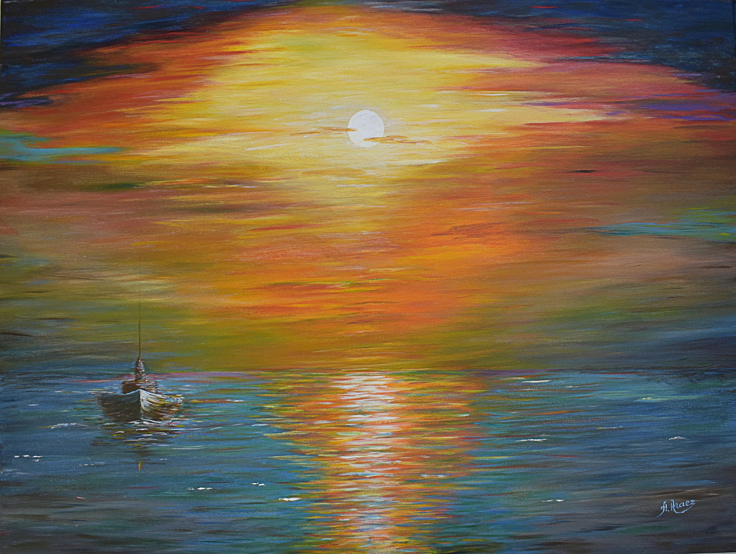 La luna, blanca y redonda, prende fuego al cielo en naranjas y oros, y tiende sobre el mar un sendero de luz que llega hasta una barca sola.