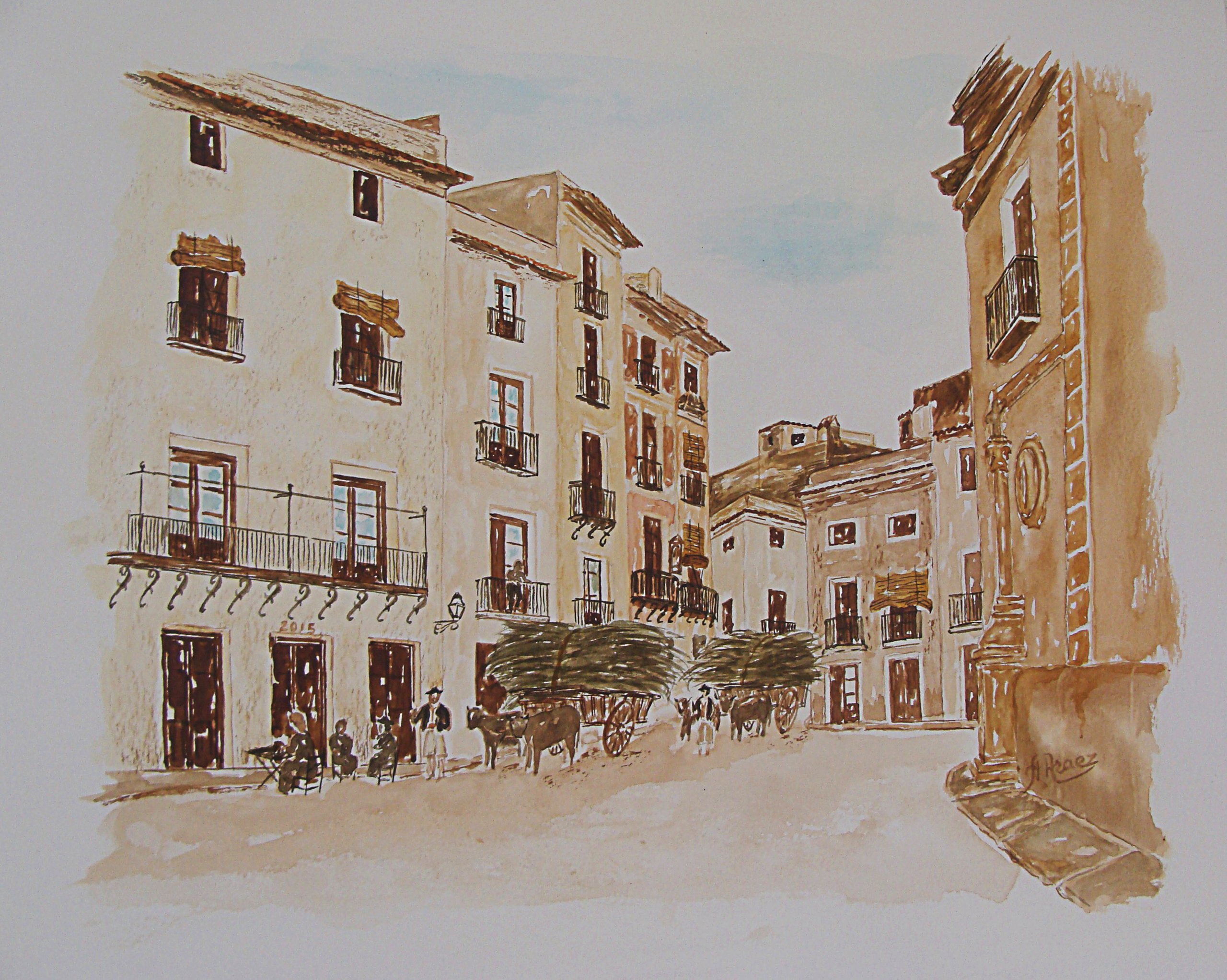 En la luz sepia de otro tiempo, carros colmados tirados por bueyes cruzan la plaza bajo balcones y persianas enrolladas, mientras unos vecinos charlan sentados a la puerta.