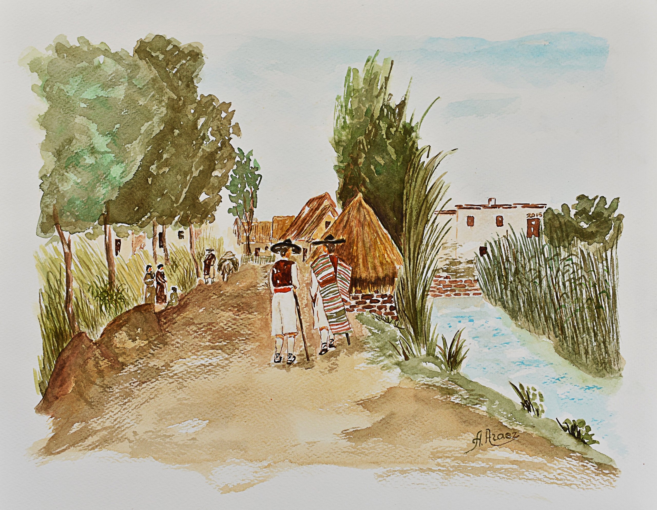 Junto a la acequia, entre cañas que susurran, dos huertanos de sombrero y manta caminan sin prisa por la tierra hacia unas casas de tejado de paja.